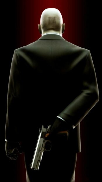 A bald man holding a gun behind his back with a barcode tattoo on his head from Hitman game wallpapers, 2K Mobile Wallpaper