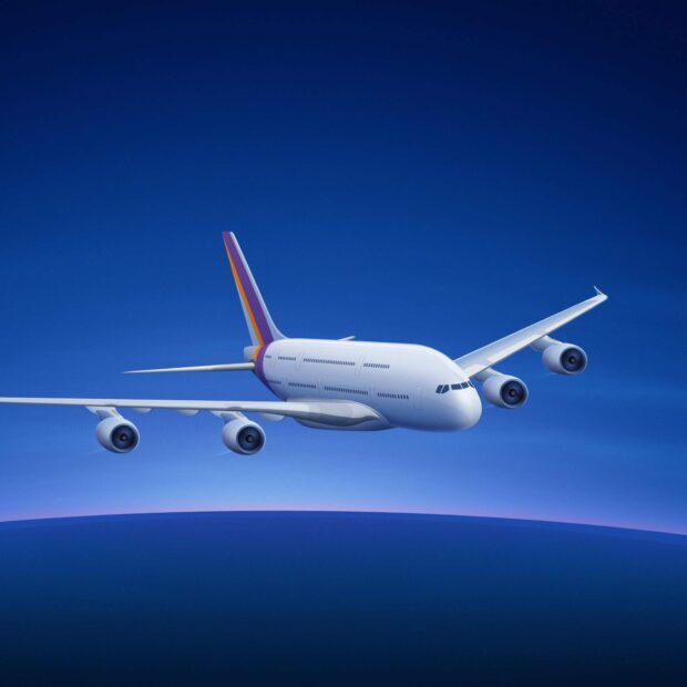 A detailed Airbus A380 is shown flying above the planet with a clear sky background, HD Desktop Wallpaper