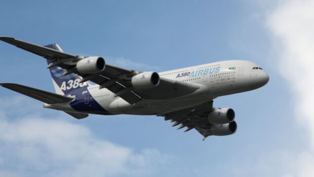 The Airbus A380 is captured flying with clear blue sky background and white clouds, 4K Desktop Wallpaper