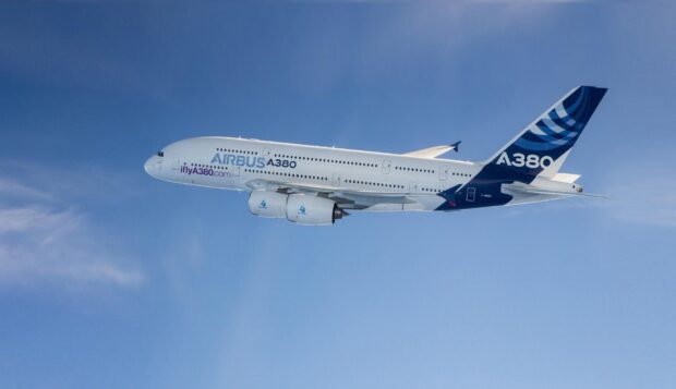 An Airbus A380 aircraft is flying smoothly under a clear blue sky with minimal cloud coverage, HD Desktop Wallpaper