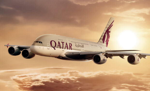A Qatar Airbus A380 is flying above the clouds during sunset, HD Desktop Wallpaper