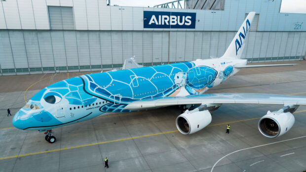 Airbus A380 with a blue turtle livery parked near the Airbus hangar, 2K Desktop Wallpaper