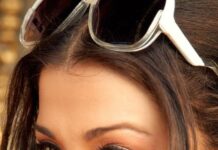Aishwarya Rai wallpapers showing her smiling face with sunglasses and an orange polka dot top, 4K Phone Wallpaper