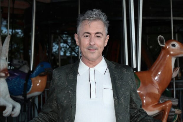 Alan Cumming stands confidently in front of carousel animals wearing a patterned jacket, HD Desktop Wallpaper