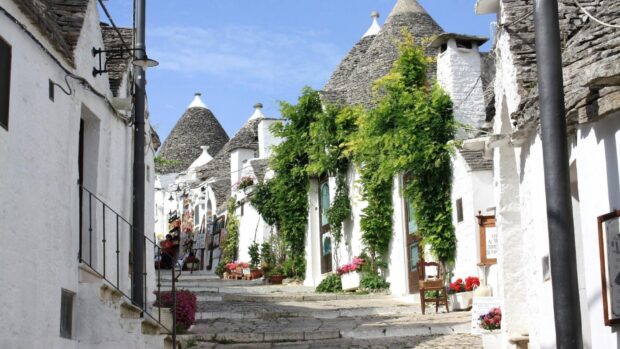 A charming street with Alberobello trulli houses and greenery under a clear sky, HD Desktop Wallpaper