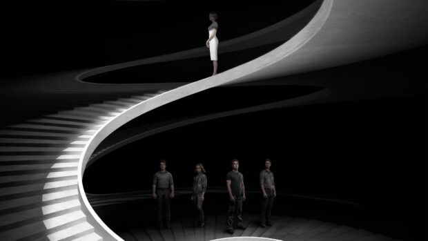 A group of Allegiant characters standing on spiral stairs in a dark setting, 4K Desktop Wallpaper