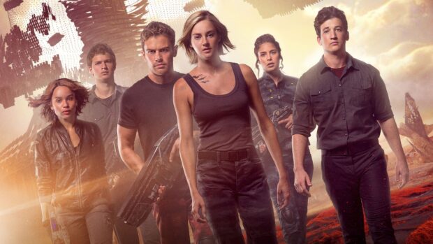 The main characters of Allegiant stand on a futuristic landscape with intense expressions, 4K Desktop Wallpaper