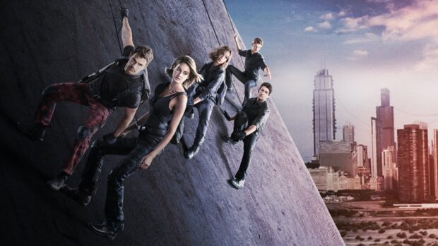 Allegiant wallpapers show five characters climbing a wall with a city skyline behind them, HD Desktop Wallpaper