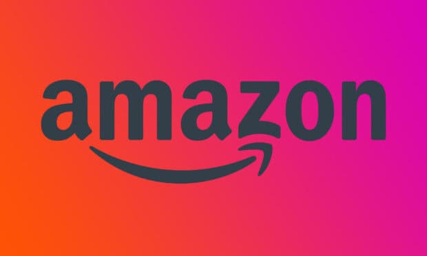 Amazon logo displayed on a vibrant orange and pink background, HD Desktop Wallpaper