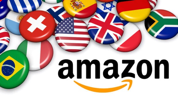 The Amazon logo is surrounded by colorful buttons displaying various international flags, HD Desktop Wallpaper