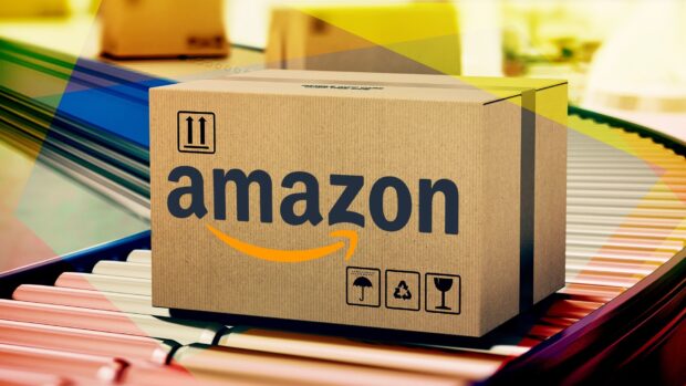 A cardboard Amazon box moves along a conveyor belt in a warehouse, HD Desktop Wallpaper