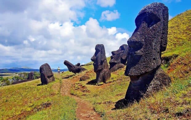 A row of Moai statues overlooks the field under a blue sky on Easter Island featuring Easter Island Wallpapers, HD Desktop Wallpaper