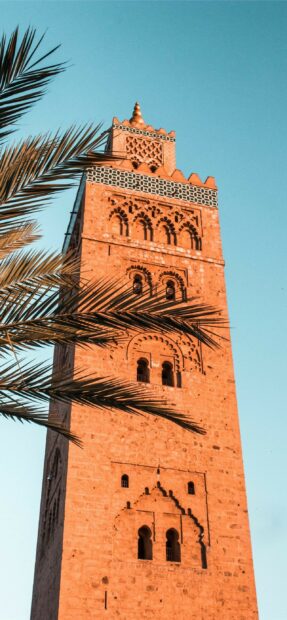 An ancient Moroccan tower is illuminated by the sunset with palm tree leaves in front showing Morocco Wallpapers, 2K Phone Wallpaper