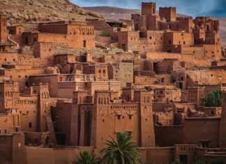 The image shows a traditional Moroccan earthen fortress in a desert setting, Morocco Wallpapers, HD Desktop Wallpaper