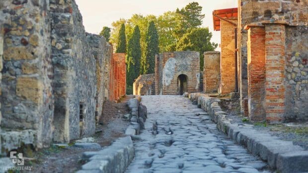 A cobblestone street and ruins captured in Pompeii with trees in the background, HD Desktop Wallpaper