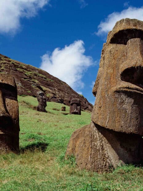 The stone heads on Easter Island stand on a grassy hillside under a blue sky, HD Mobile Wallpaper