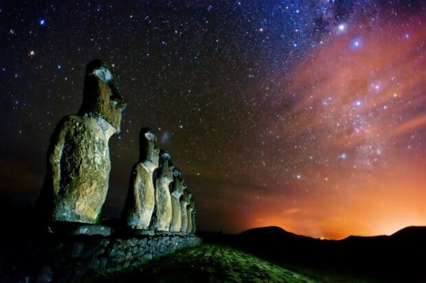 The Easter Island statues stand tall beneath a clear starry night, HD Desktop Wallpaper