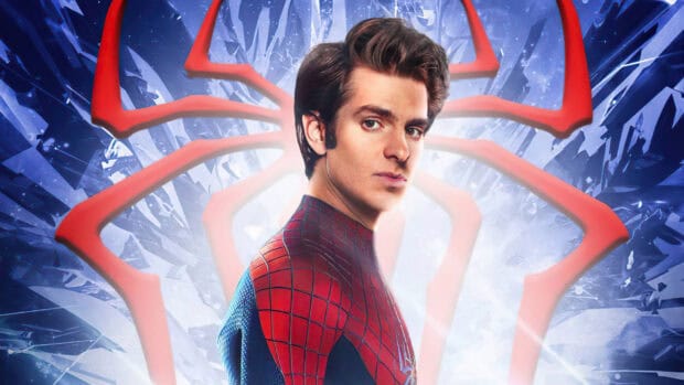 Andrew Garfield stands in his Spider Man suit with a glowing spider emblem behind him, HD Desktop Wallpaper