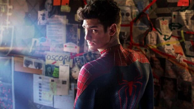 Andrew Garfield as Spider Man looks over his shoulder in a dimly lit room with notes on the wall, HD Desktop Wallpaper
