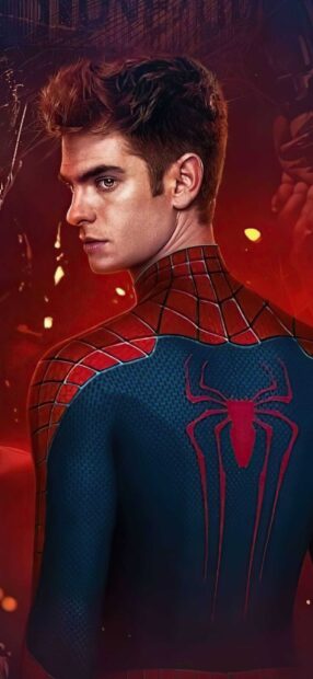 Andrew Garfield as Spider Man wearing a detailed suit looks back with a serious expression, 2K Phone Wallpaper