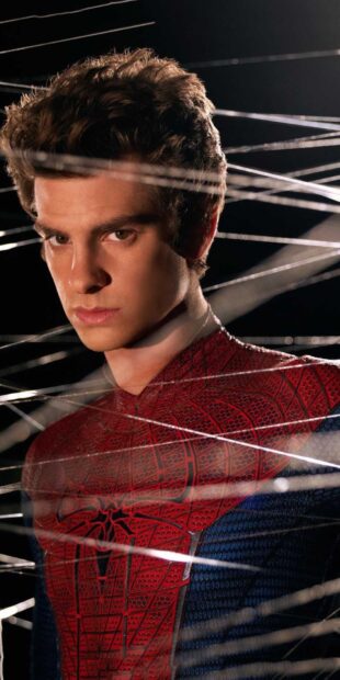 Andrew Garfield as Spider Man in a detailed red and blue suit behind web strands, HD Phone Wallpaper