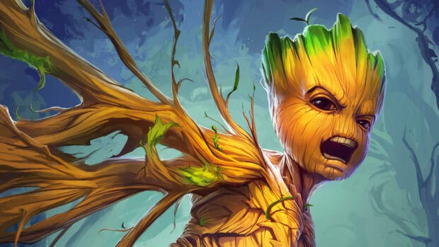 The Groot character appears angry with detailed wood textures and green leaves, HD Desktop Wallpaper