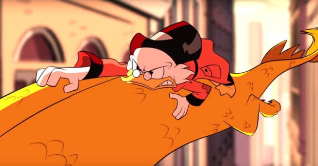 An angry Scrooge Mcduck grips a large orange creature while flying through a city street, 2K Desktop Wallpaper
