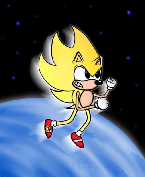 The image shows a yellow character running fiercely above a planet in space with the Hyper Sonic wallpapers theme, HD Phone Wallpaper