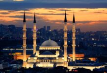 The Ankara mosque shines brightly against the sunset sky in this Ankara Wallpapers, HD Desktop Wallpaper