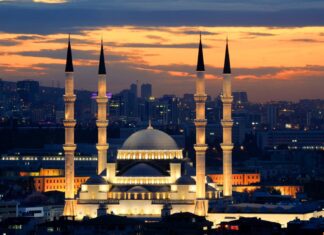 The Ankara mosque shines brightly against the sunset sky in this Ankara Wallpapers, HD Desktop Wallpaper