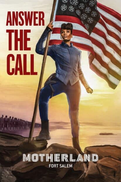 A character from Motherland Fort Salem stands holding a flag during sunset with soldiers in the background, 2K Mobile Wallpaper