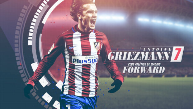 Antoine Griezmann is celebrating in an Atletico Madrid jersey on the football field, HD Desktop Wallpaper