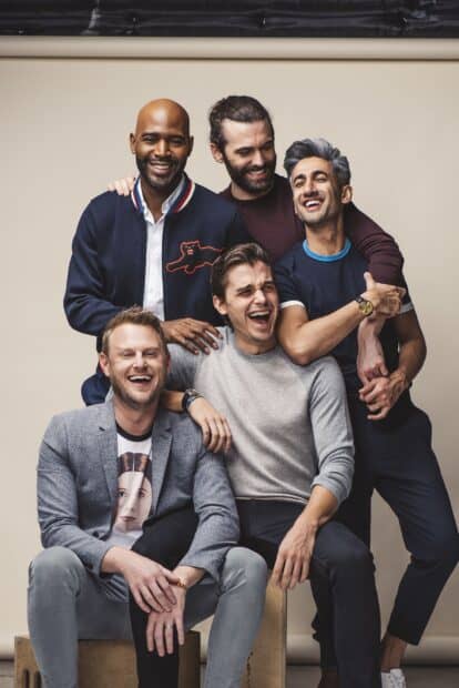 Five men smiling warmly in a studio setting featuring Antoni Porowski wallpapers, HD Desktop Wallpaper