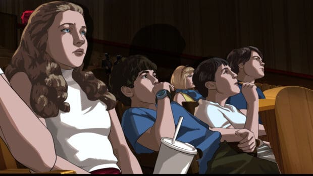 A group of children watch a presentation in a theater setting during a space age childhood, HD Desktop Wallpaper