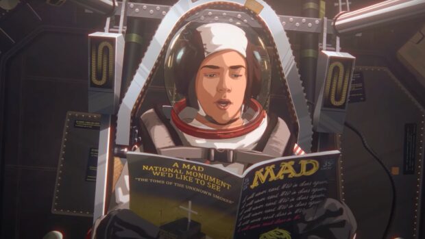 An Apollo 10 astronaut is reading a magazine inside the spacecraft cabin, HD Desktop Wallpaper