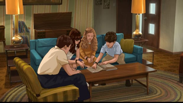 Four kids reading a book in a retro living room inspired by Apollo 10 A Space Age Childhood, HD Desktop Wallpaper