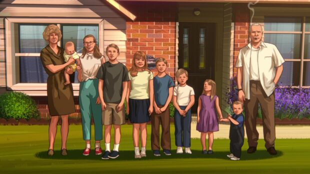 A group of children and adults stand together in front of a house representing Apollo 10 a space age childhood, HD Desktop Wallpaper