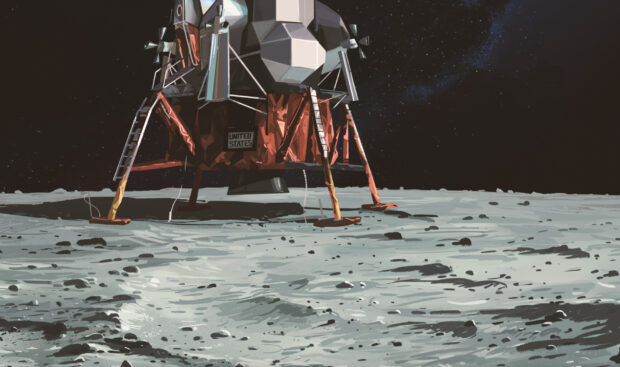 The Apollo 10 lunar module stands on the moon's surface with stars visible in the background, HD Desktop Wallpaper