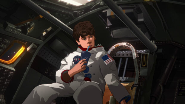 A boy in a space suit drinks a beverage inside a spaceship from Apollo 10 a space age childhood, HD Desktop Wallpaper