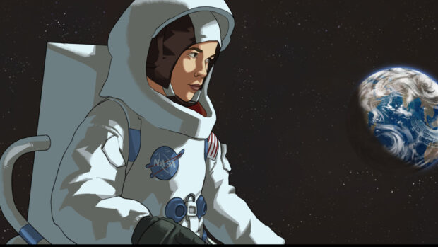 An astronaut in an Apollo 10 spacesuit looks out at Earth from space, HD Desktop Wallpaper