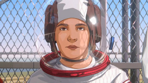 A young astronaut wearing a spacesuit helmet with a fence background in Apollo 10 A Space Age Childhood, HD Desktop Wallpaper