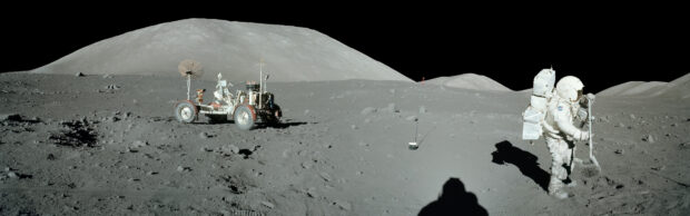 An Apollo 13 astronaut is collecting samples near the lunar rover on the moon, 4K Desktop Wallpaper