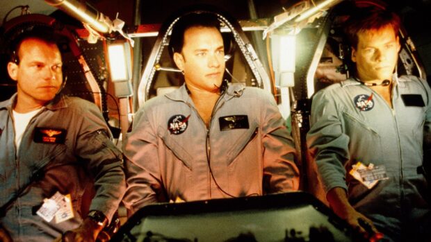 Apollo 13 crew members wearing NASA suits inside the spacecraft cockpit, HD Desktop Wallpaper