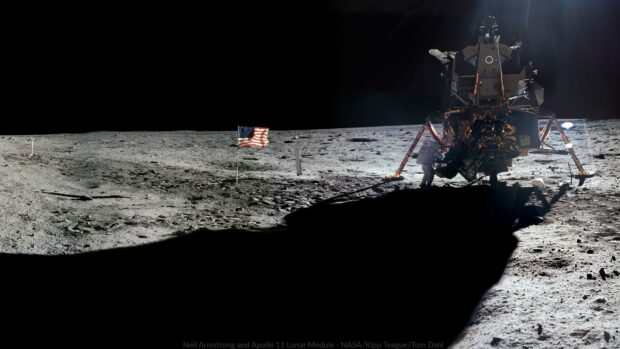 An astronaut stands by the Apollo 13 lunar module on the moon's surface with an American flag nearby, 4K Desktop Wallpaper