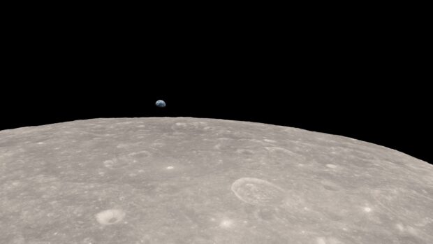 The Apollo 13 mission shows the moon's surface with Earth visible above the horizon in space, HD Desktop Wallpaper