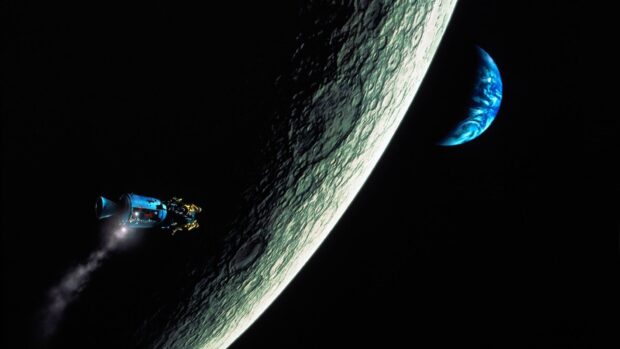 The Apollo 13 spacecraft is seen orbiting near the Moon with Earth in the background, HD Desktop Wallpaper