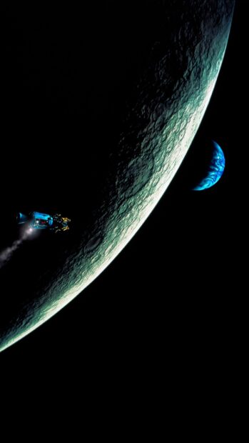 The Apollo 13 spacecraft is seen approaching the moon with Earth visible in the distance, 2K Phone Wallpaper