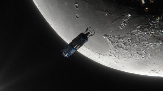 The Apollo 13 spacecraft is seen orbiting close to the moon's surface showing detailed craters, HD Desktop Wallpaper