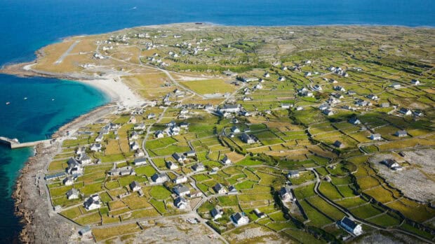 An aerial view of The Aran Islands showing the coastline and fields, HD Desktop Wallpaper