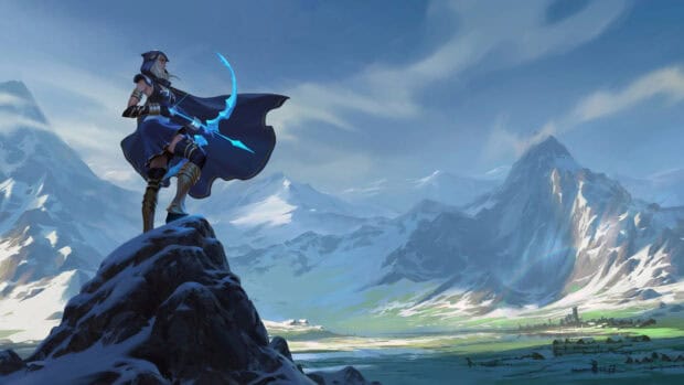 Ashe League Of Legends stands on a rocky peak overlooking snowy mountains under a cloudy sky, 4K Desktop Wallpaper